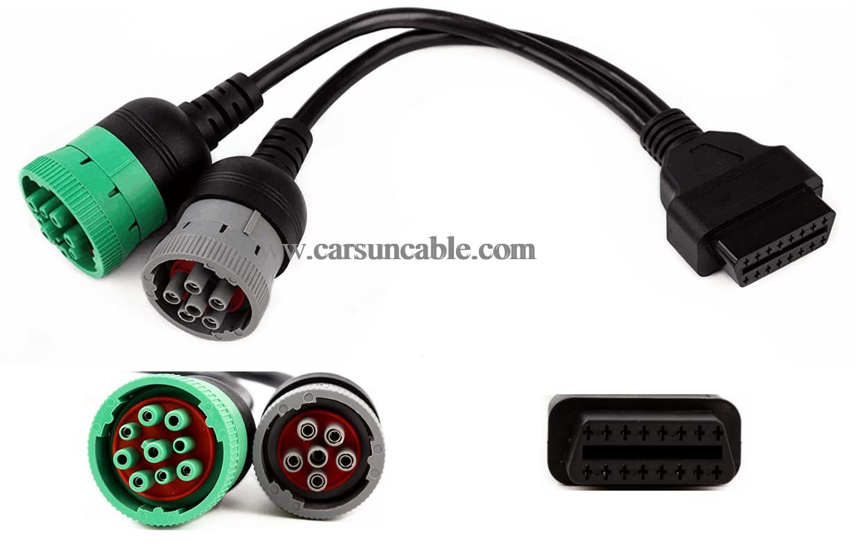 OBD to Type 2 Green9p J1939 and 6p J1708 Split Y Cable for Diesel Truck Diagnostics