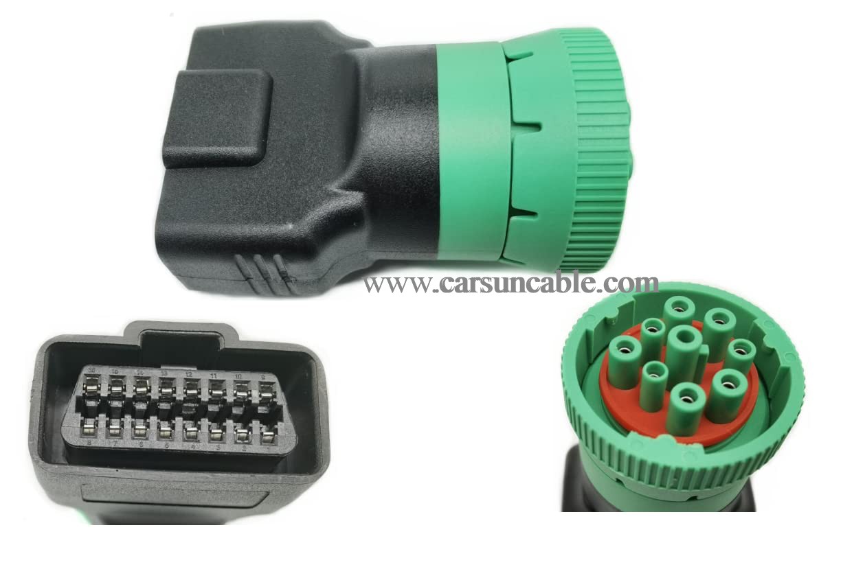 Type 2 Green 9pin J1939 to OBD2 16pin J1962 Female Adapter